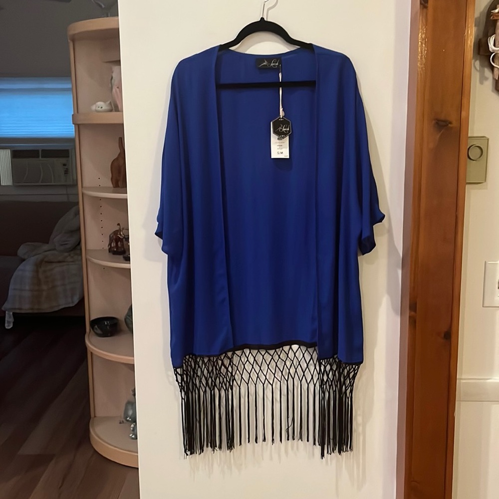 Lavish,Blue/Black,Atlantis,Fringe,Sheer,Boho Style,Kimono Jacket,S/M,NWT